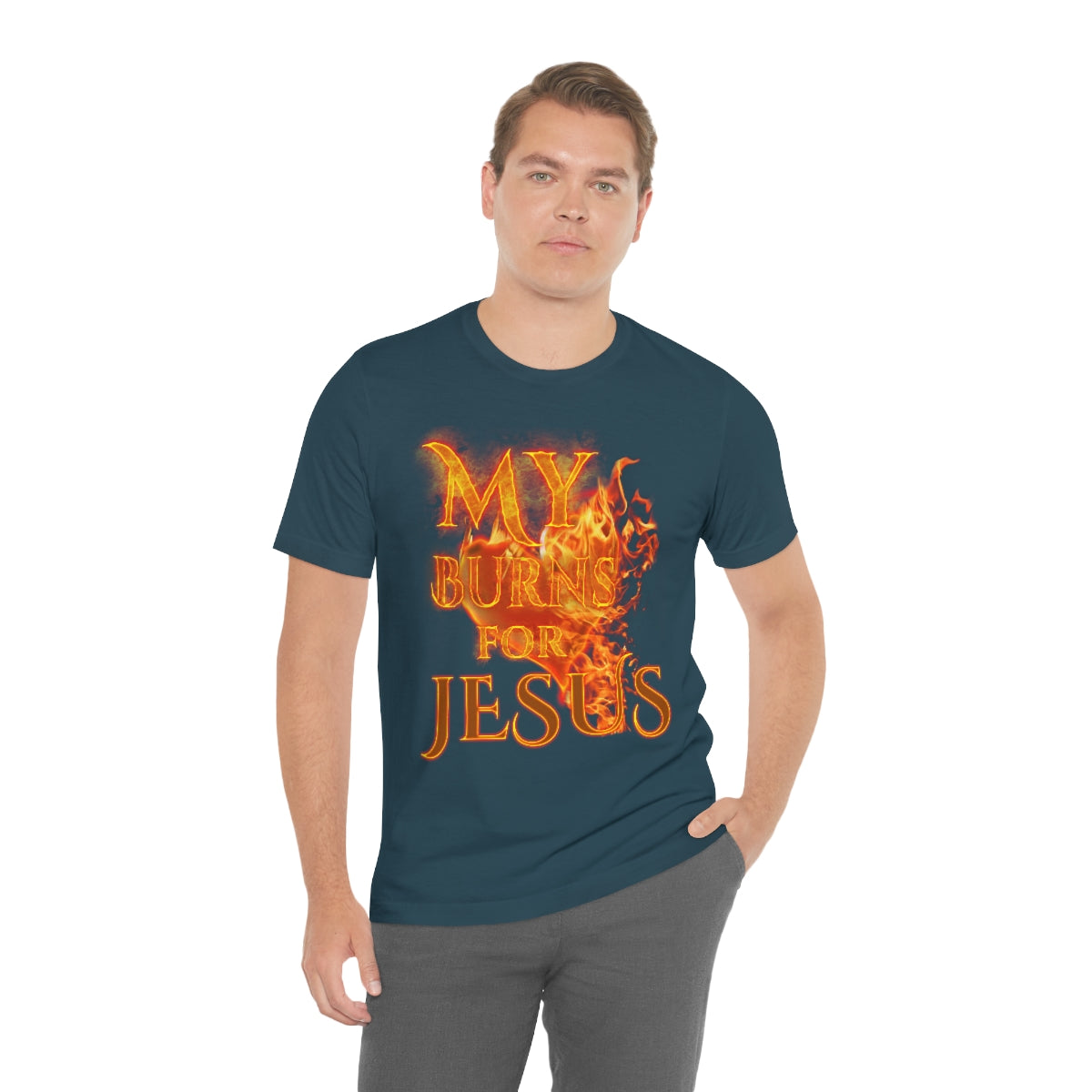 MY HEART BURNS FOR JESUS (Unisex Jersey Short Sleeve Tee)