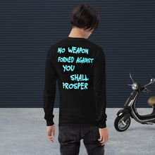 Load image into Gallery viewer, No Weapon Formed Isa 54:17 Fluorescent Blue - Men’s Long Sleeve Shirt
