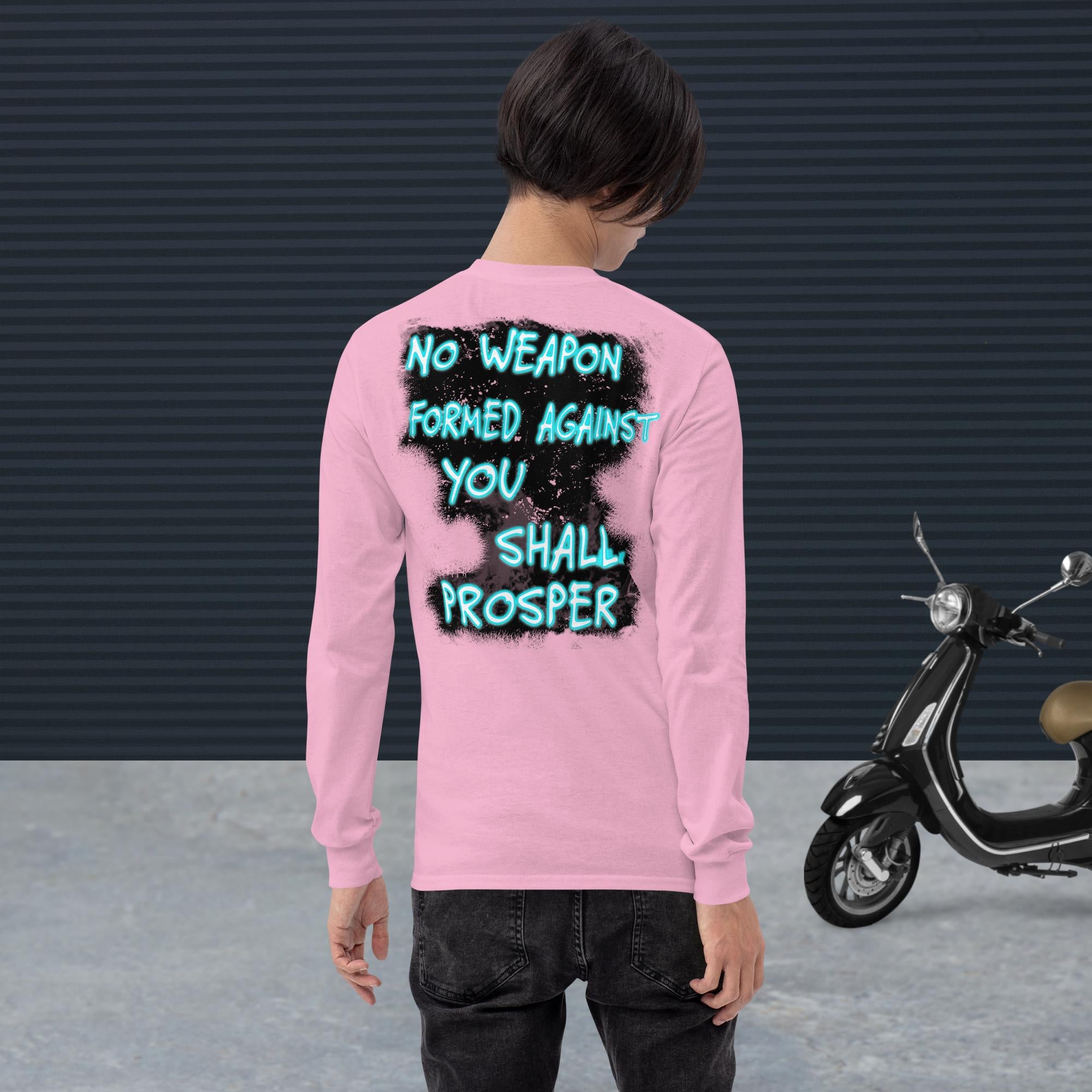 No Weapon Formed Isa 54:17 Fluorescent Blue - Men’s Long Sleeve Shirt | Bella + Canvas 3501