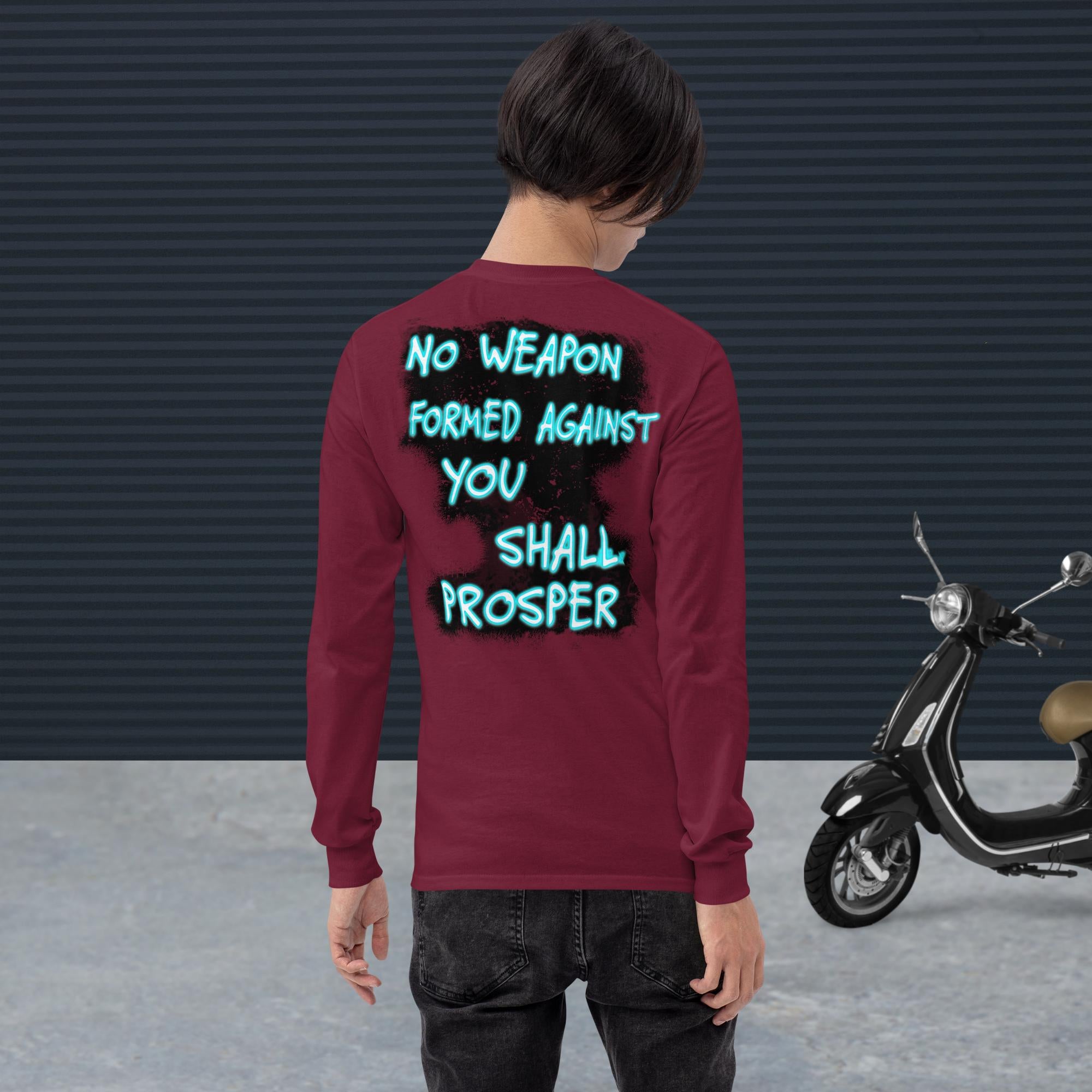 No Weapon Formed Isa 54:17 Fluorescent Blue - Men’s Long Sleeve Shirt | Bella + Canvas 3501