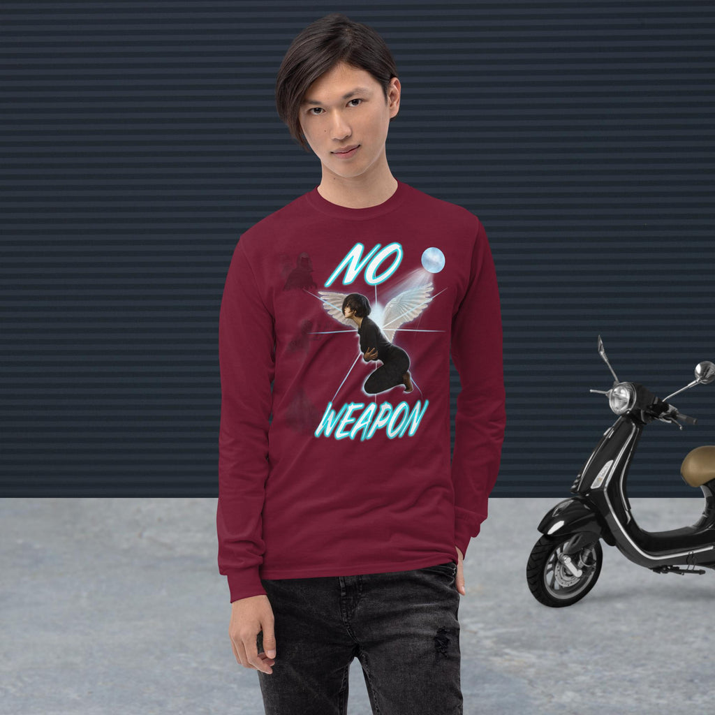 No Weapon Formed Isa 54:17 Fluorescent Blue - Men’s Long Sleeve Shirt | Bella + Canvas 3501