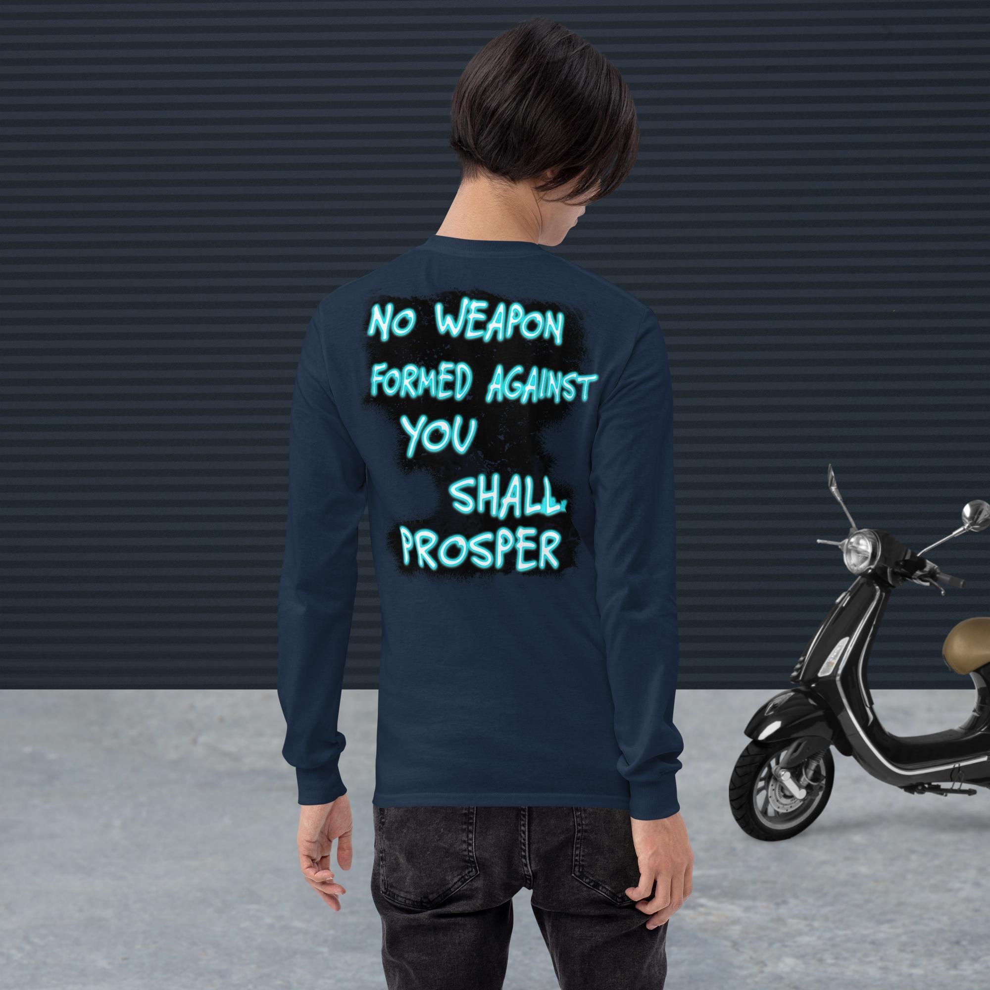 No Weapon Formed Isa 54:17 Fluorescent Blue - Men’s Long Sleeve Shirt | Bella + Canvas 3501