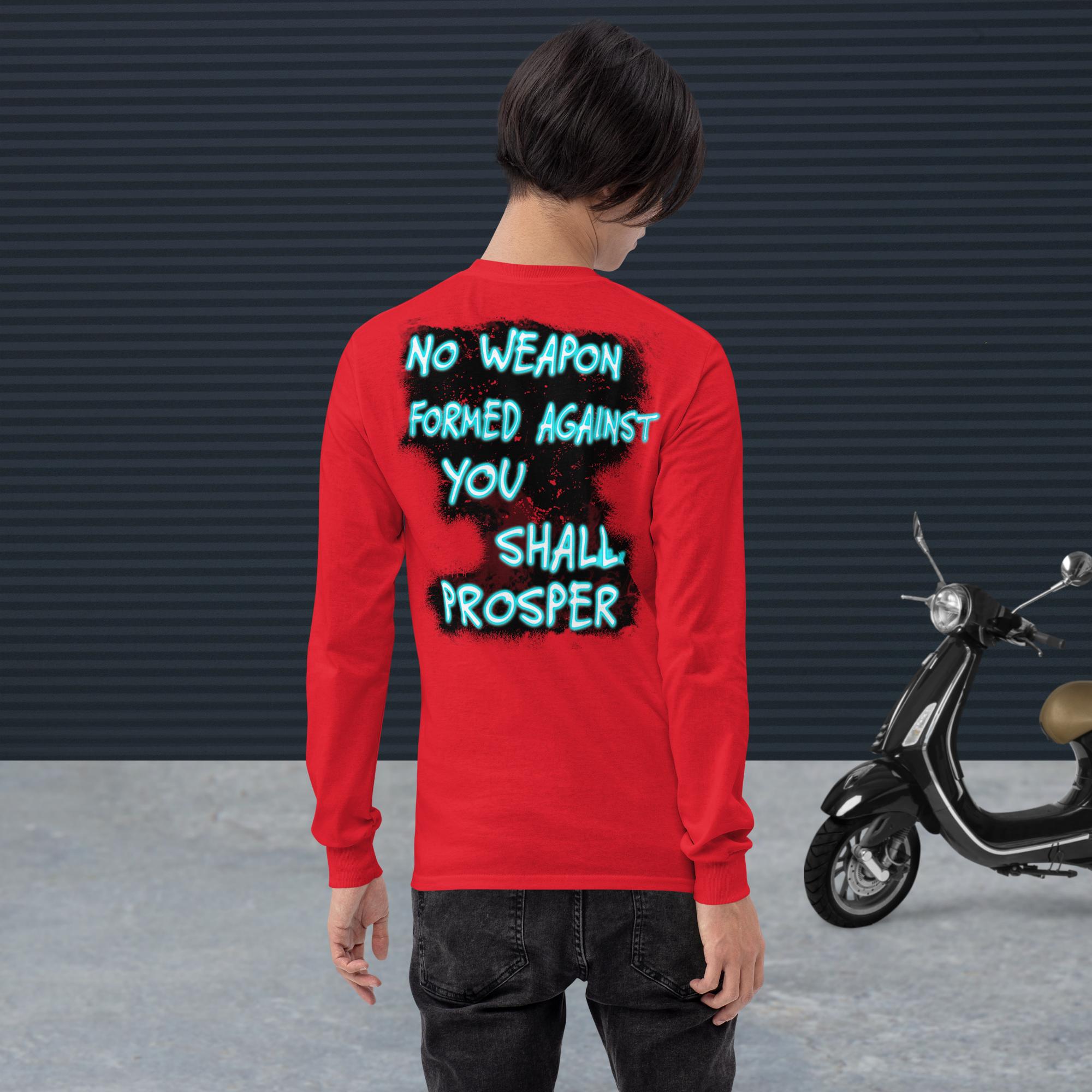 No Weapon Formed Isa 54:17 Fluorescent Blue - Men’s Long Sleeve Shirt | Bella + Canvas 3501