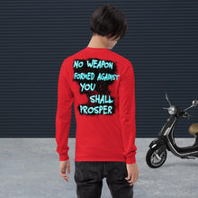 Load image into Gallery viewer, No Weapon Formed Isa 54:17 Fluorescent Blue - Men’s Long Sleeve Shirt
