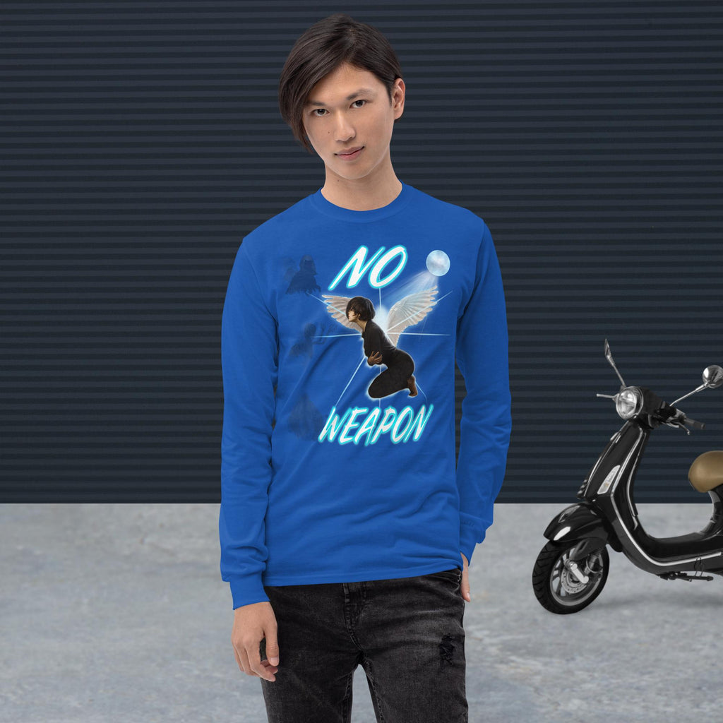 No Weapon Formed Isa 54:17 Fluorescent Blue - Men’s Long Sleeve Shirt | Bella + Canvas 3501