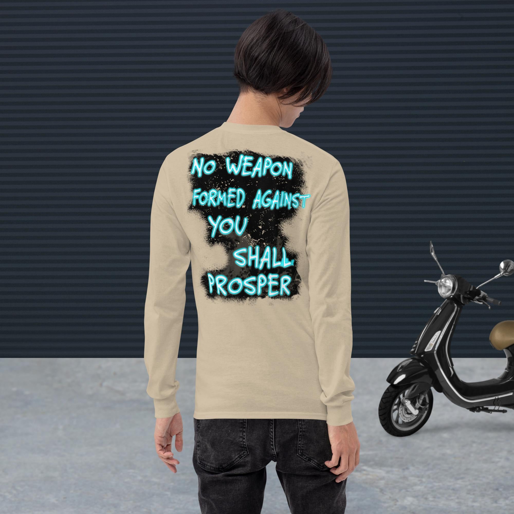 No Weapon Formed Isa 54:17 Fluorescent Blue - Men’s Long Sleeve Shirt | Bella + Canvas 3501