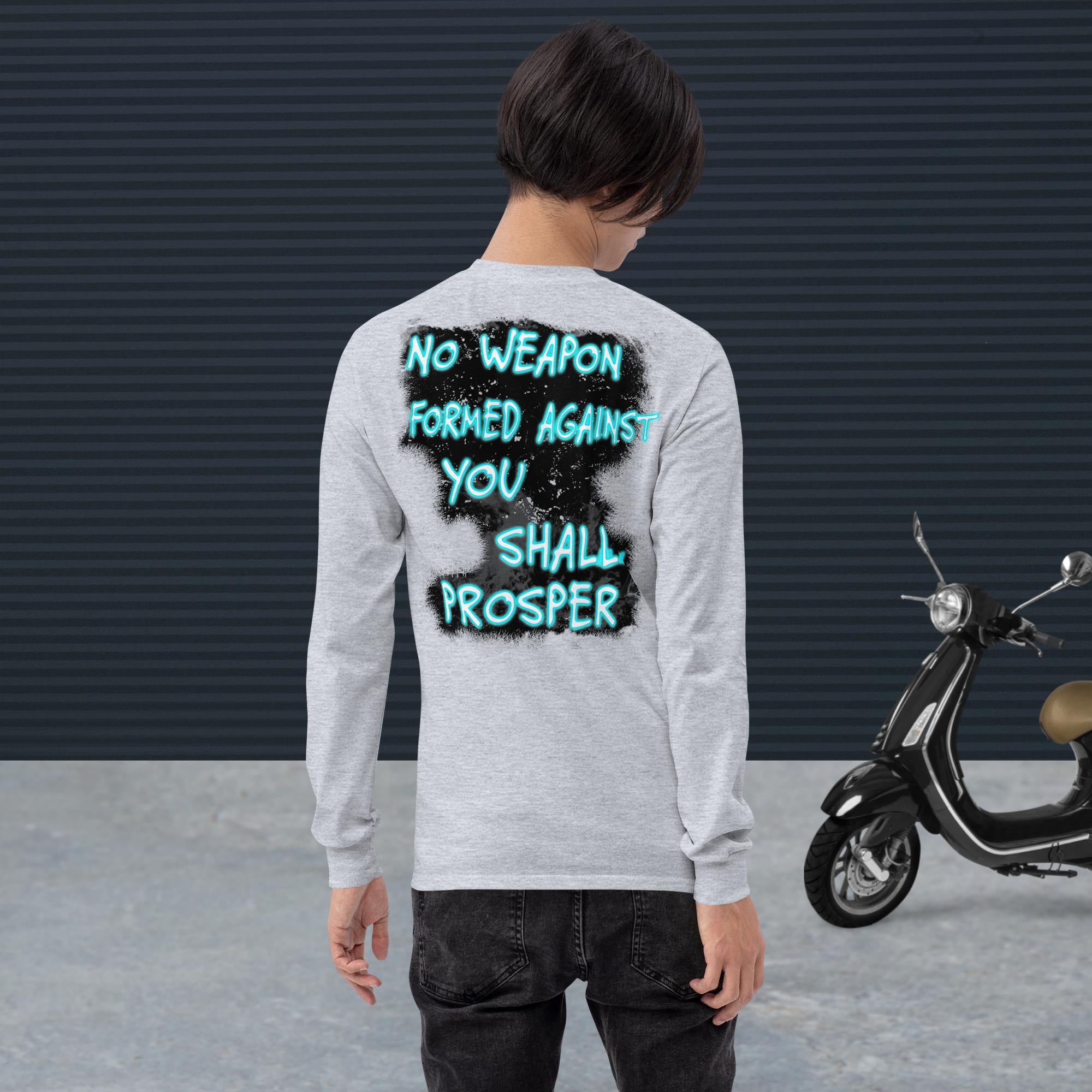 No Weapon Formed Isa 54:17 Fluorescent Blue - Men’s Long Sleeve Shirt | Bella + Canvas 3501