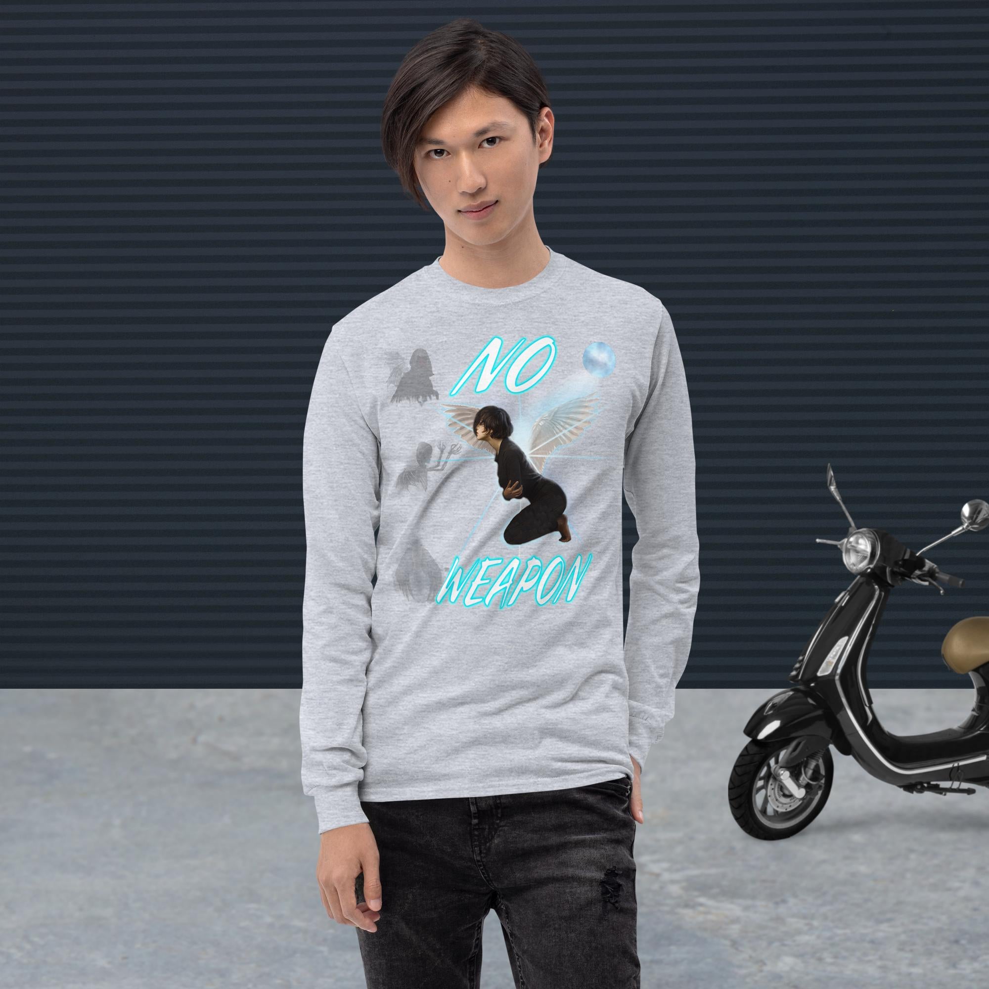 No Weapon Formed Isa 54:17 Fluorescent Blue - Men’s Long Sleeve Shirt | Bella + Canvas 3501