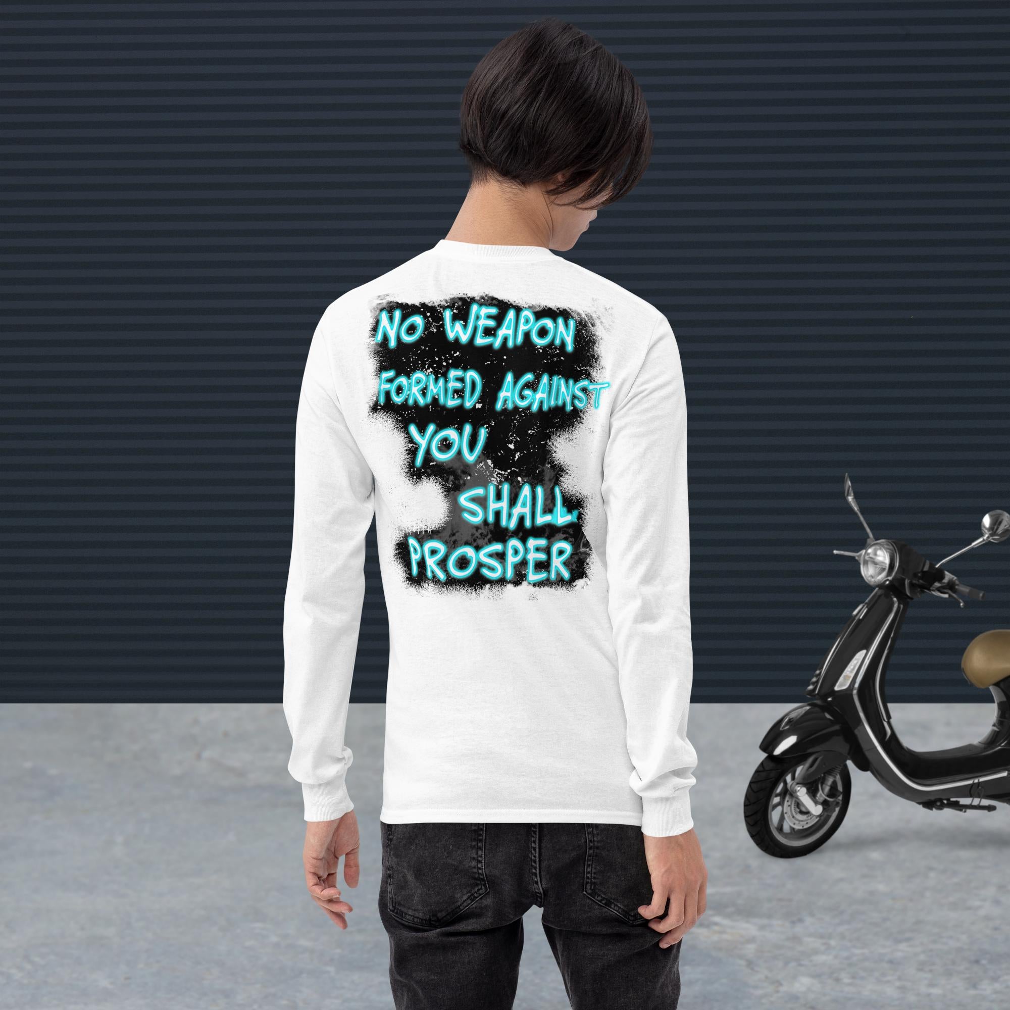 No Weapon Formed Isa 54:17 Fluorescent Blue - Men’s Long Sleeve Shirt | Bella + Canvas 3501